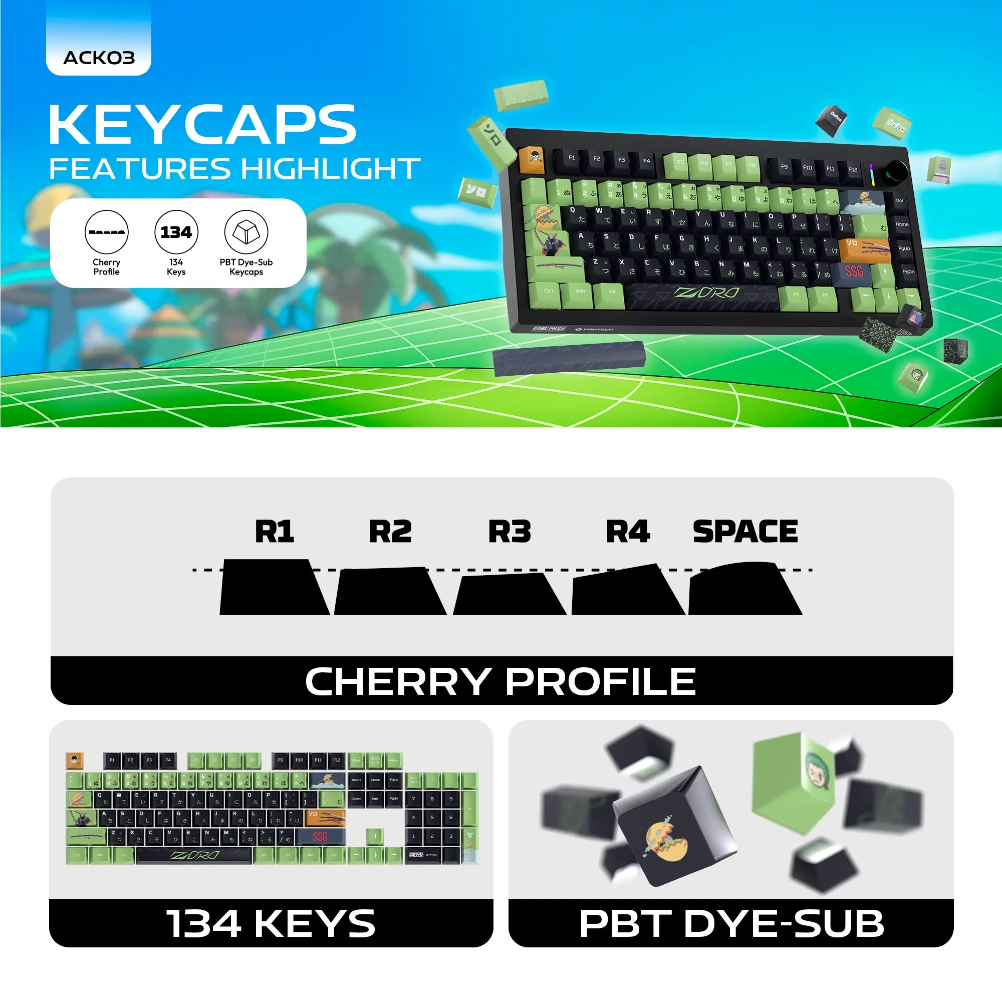 FANTECH MK921 ACK03 One Piece Roronoa Zoro Egghead Edition Wireless Mechanical Gaming Keyboard - FANTECH MK921 ACK03 Roronoa