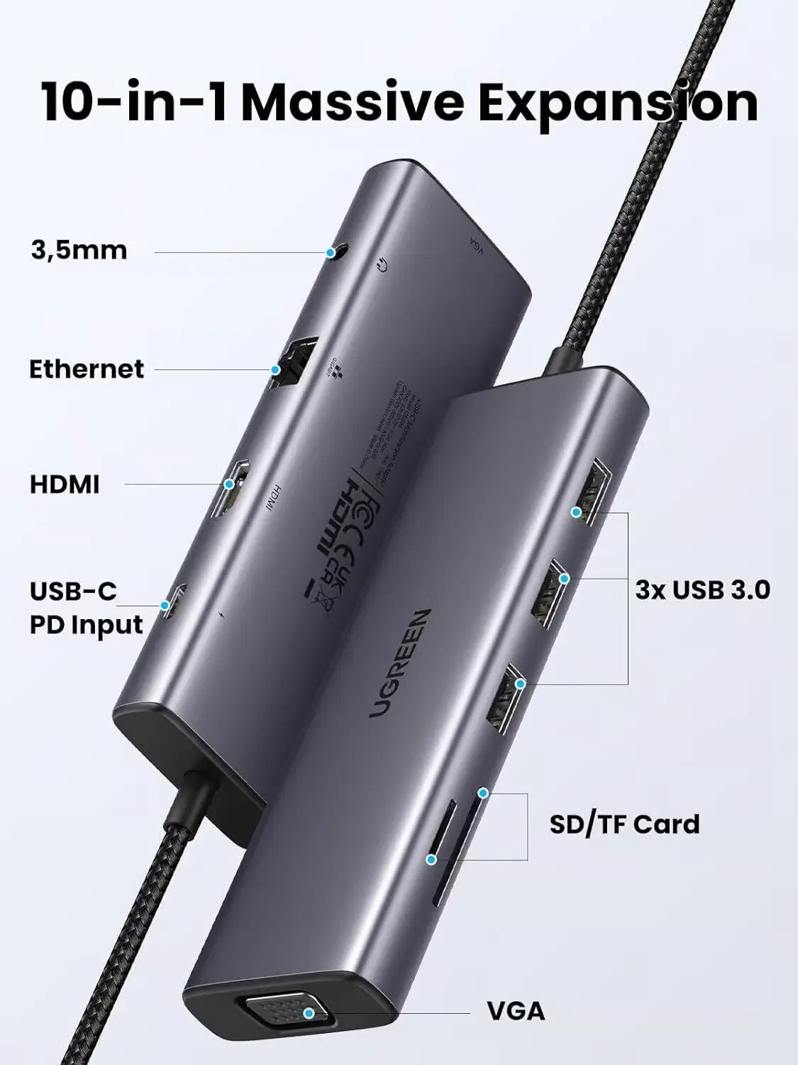 UGREEN 15601 10-IN-1 MULTIPORT ADAPTER 4K30HZ 100W SD TF 3.5MM AUDIO ETHERNET VGA