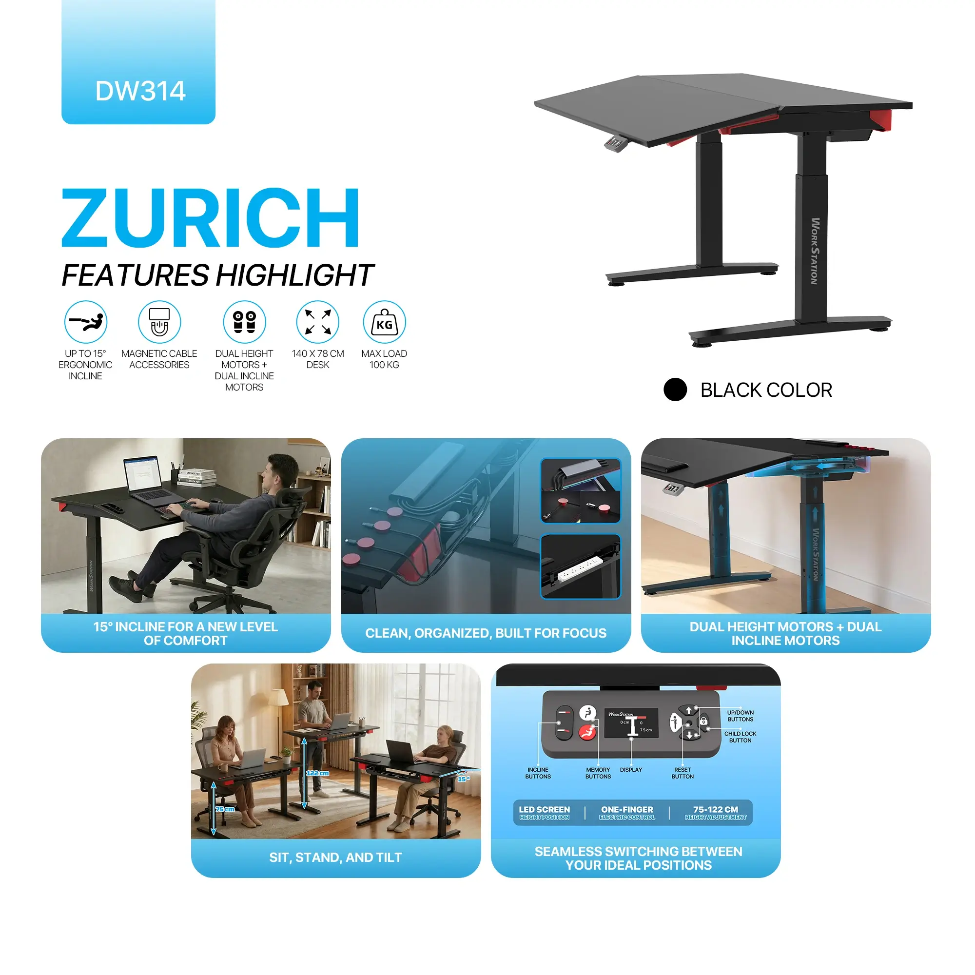 Fantech DW314 WORKSTATION ZURICH Electric Sit-Stand Tilt Height