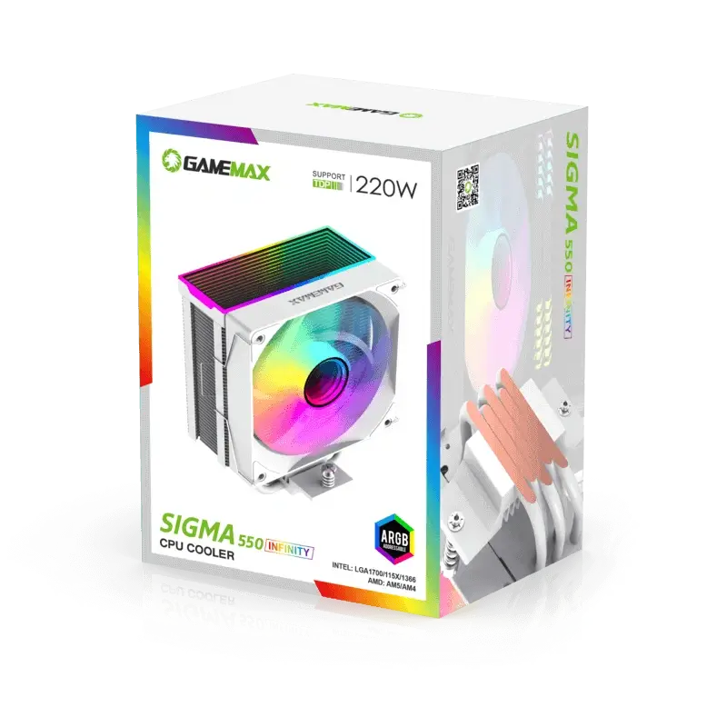 GameMax Sigma 550 Dissipatore CPU Ad Aria 220W TDP - 5 Heatpipe In Rame 6mm, Ventola Infinity ARGB PWM 120 Mm Per Intel LGA1700/1200/115X E AMD AM4/AM5