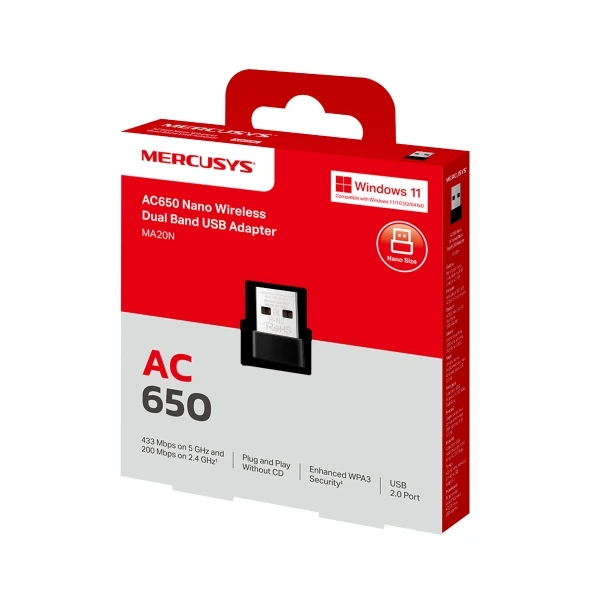 MERCUSYS MA20N AC650 NANO USB WIFI DONGLE DUAL BAND WIRELESS ADAPTER - product image 1 MERCUSYS MA20N AC650 NANO USB WIFI DONGLE DUAL BAND WIRELESS ADAPTER - product image 1