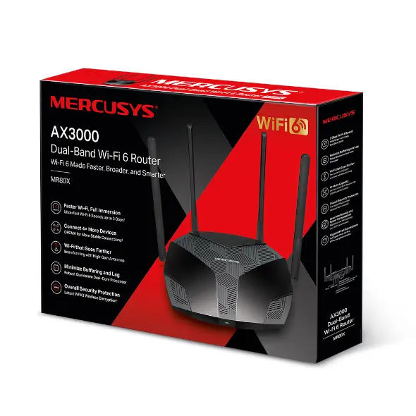 MERCUSYS MR80X AX3000 DUAL BAND WIFI 6 ROUTER, WITH 4 HIGH GAIN ANTENNAS, SUPPORT VPN, GIGABIT - MERCUSYS MR80X AX3000 WIFI 6 MERCUSYS MR80X AX3000 DUAL BAND WIFI 6 ROUTER, WITH 4 HIGH GAIN ANTENNAS, SUPPORT VPN, GIGABIT - MERCUSYS MR80X AX3000 WIFI 6