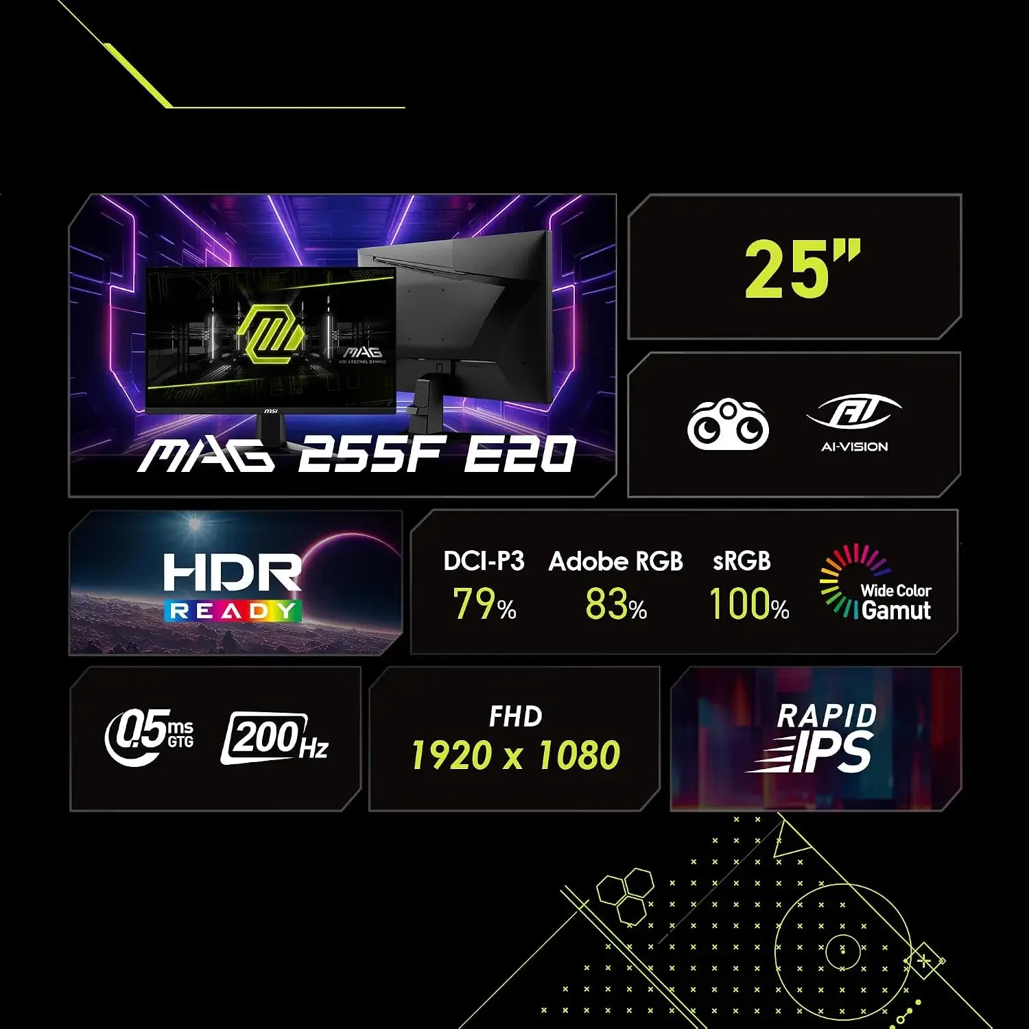 MSI MAG 255F E20 25 inch FHD 200Hz Rapid IPS 0.5ms Gaming Monitor - MSI MAG 255F E20 Monitor