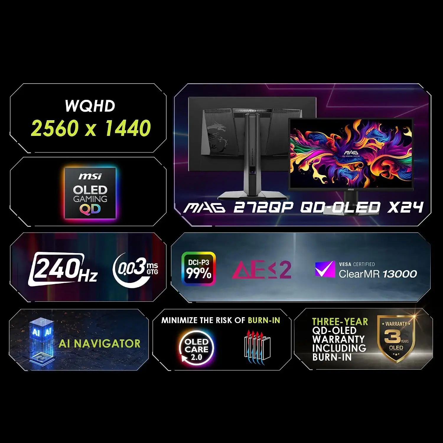 MSI MAG 272QP X24 27 inch WQHD 2K Quantum Dot OLED QD OLED 240Hz 0.03ms Gaming Monitor HDR400 - MSI MAG 272QP X24 27 inch WQH
