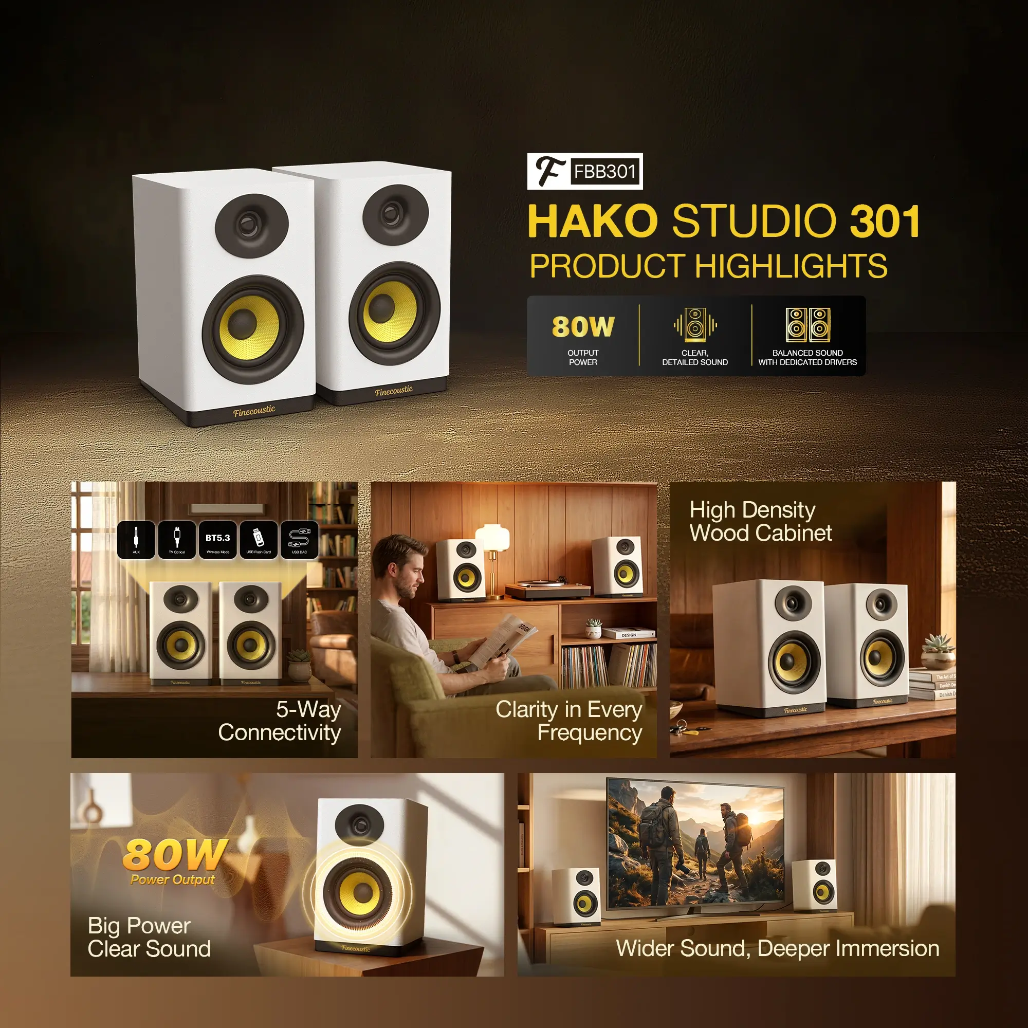 Fantech Finecoustic FBB301 HAKO STUDIO 301 Hi Fi Bookshelf Speaker 80W (5 Connection Mode) - Fantech Finecoustic FBB301 HAKO Fantech Finecoustic FBB301 HAKO STUDIO 301 Hi Fi Bookshelf Speaker 80W (5 Connection Mode) - Fantech Finecoustic FBB301 HAKO