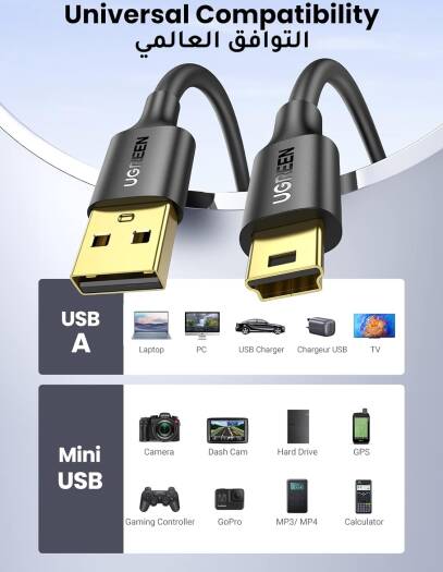 UGREEN 10386 USB 2.0 A MALE TO MINI 5 PIN MALE CABLE